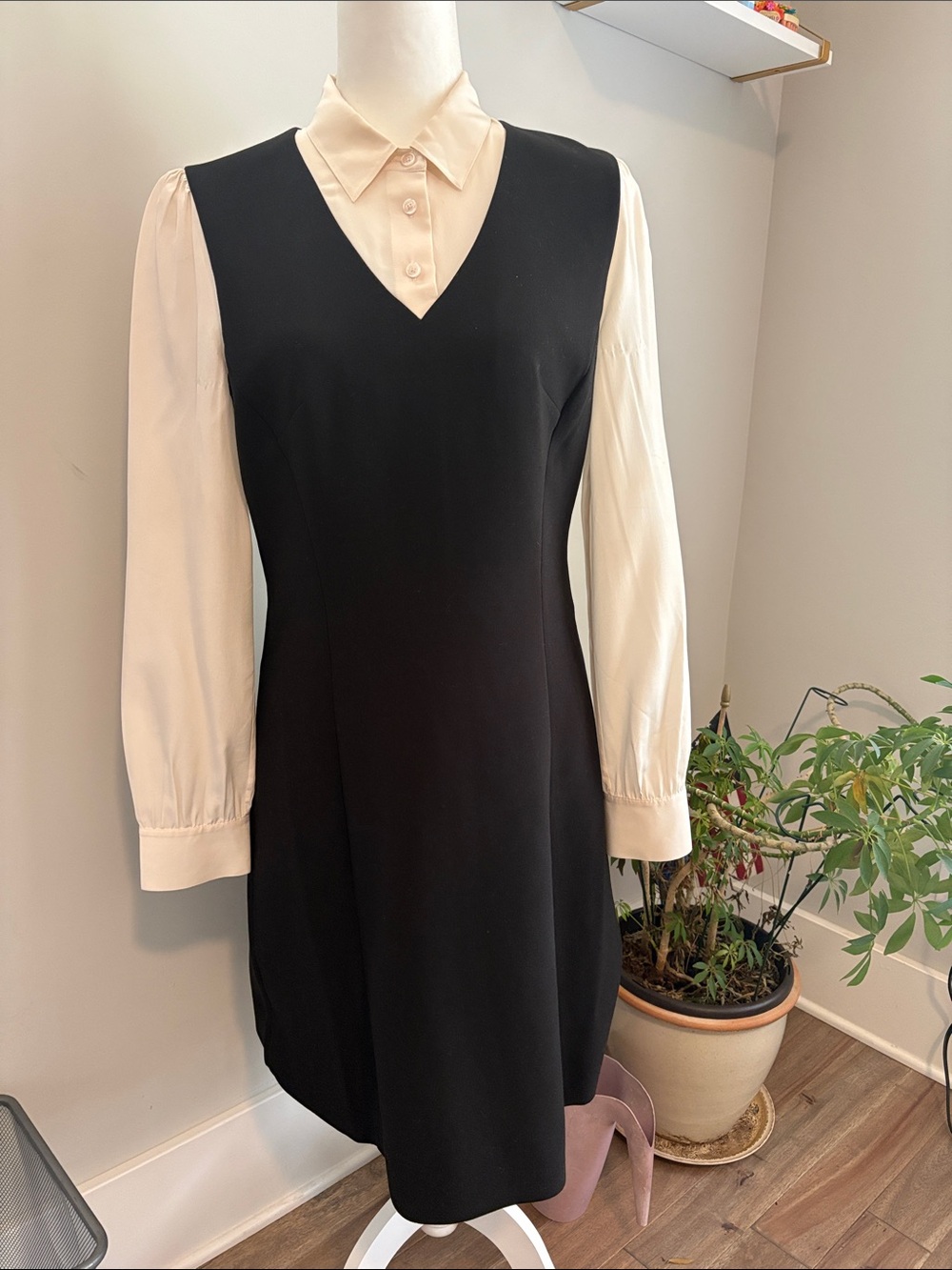 kate spade Black V-Neck Long Sleeve Dress with Cream Blouse Detail